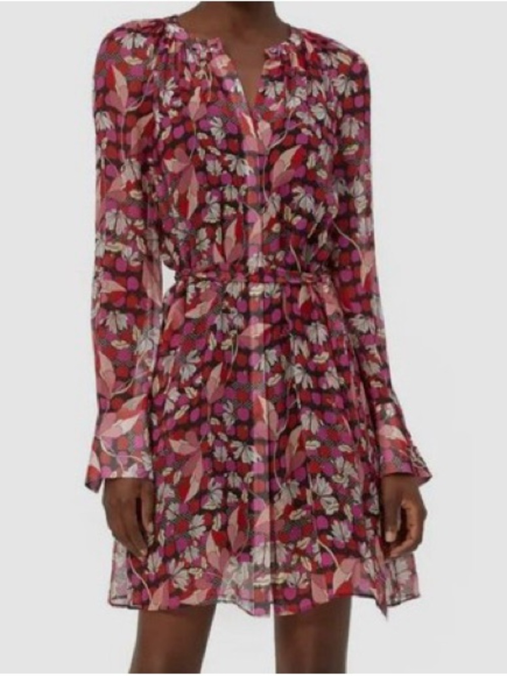 Equipment Pink Multi Floral Sheer Long-Sleeve Tie-Waist Dress